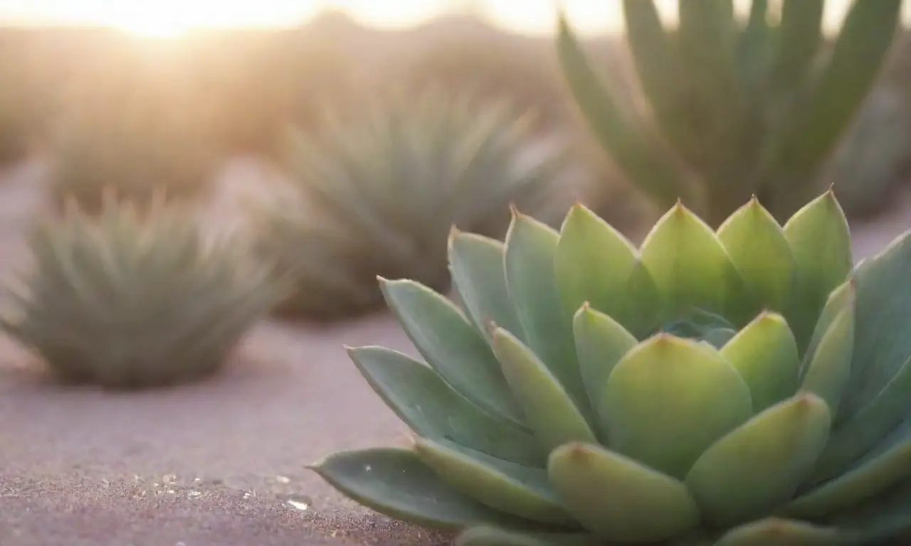 A serene desert scene with thriving succulents and optimal watering times highlighted