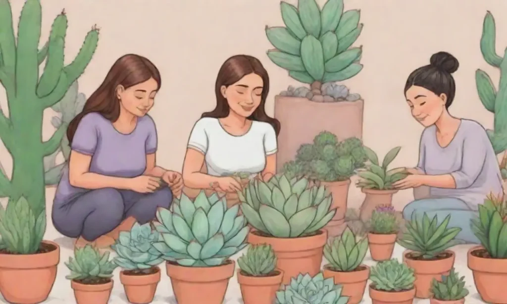 A family shares a serene moment tending vibrant succulents together