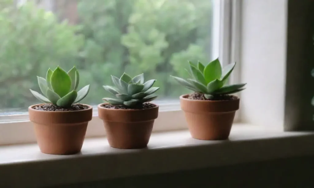 A serene wallpaper showcases low-light succulents on a windowsill with care tips