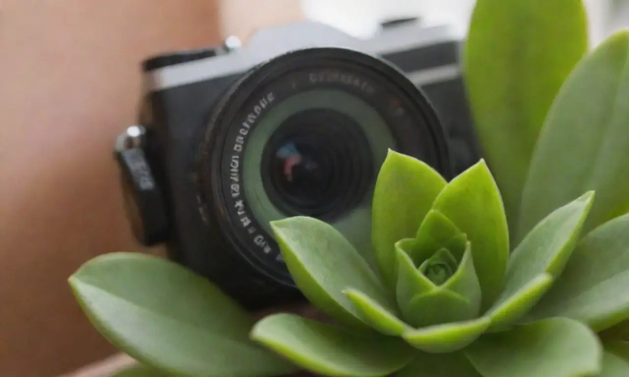 The wallpaper shows a vibrant succulent with a camera, clear text, soft light, and blurred greenery