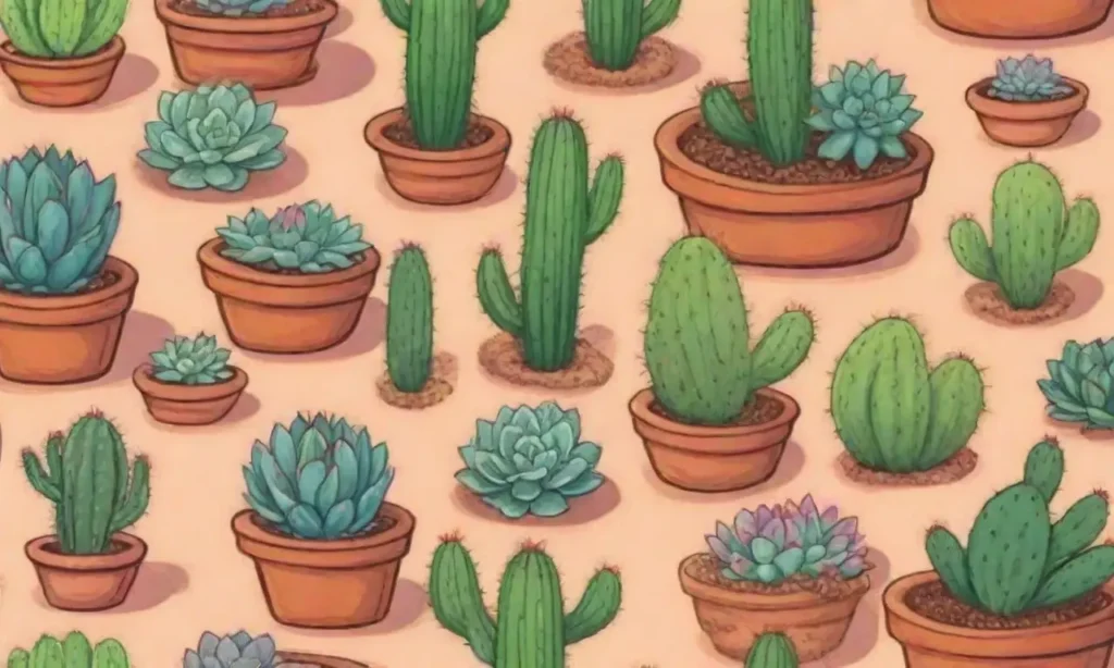 A serene desert scene features vibrant succulents