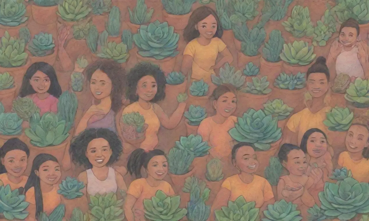 A colorful wallpaper depicts diverse people joyfully learning about succulents and community growth