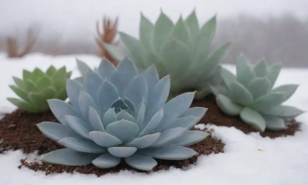 A tranquil winter scene highlights snow-covered plants and labeled soil types