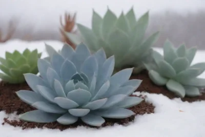 A tranquil winter scene highlights snow-covered plants and labeled soil types