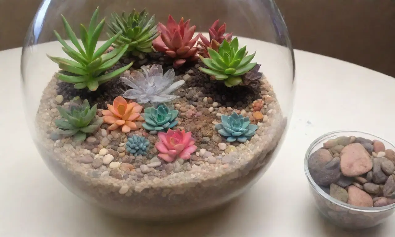 A colorful terrarium with succulents and layered soil, illuminated by natural light, creates a calm atmosphere