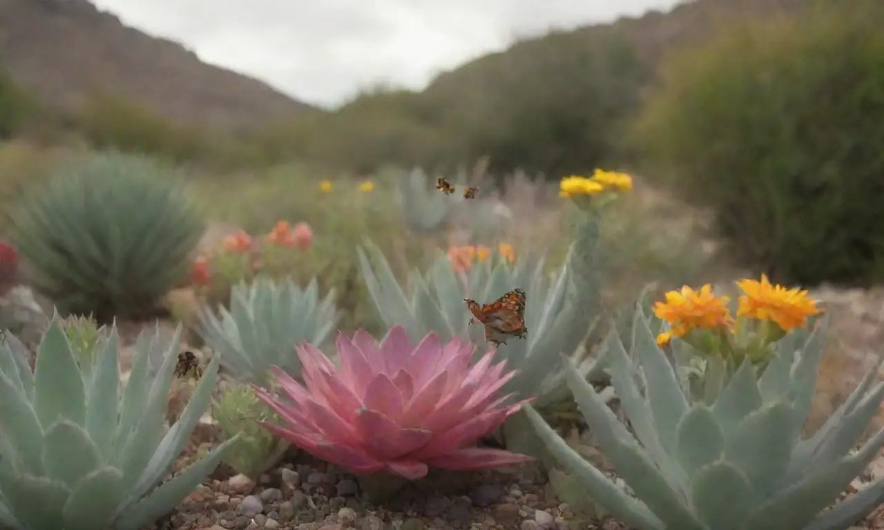 A vibrant garden teems with succulents, wildlife, and harmonious interactions