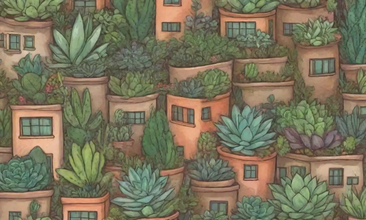 The wallpaper combines lively succulents with sustainable architecture, symbolizing resilience in vibrant, earthy harmony