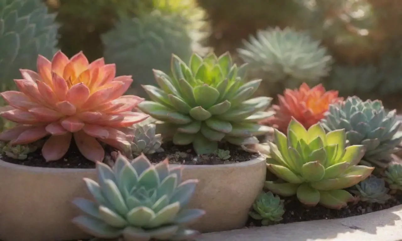 A serene garden with colorful succulents and sunlight creates an inviting atmosphere