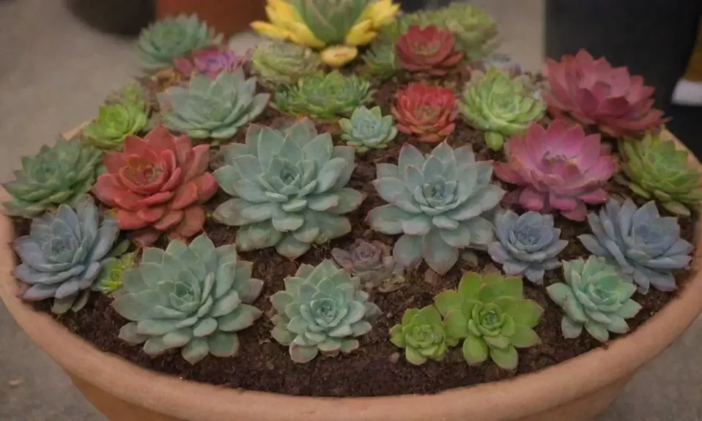 Colorful succulents and artistic displays create a vibrant