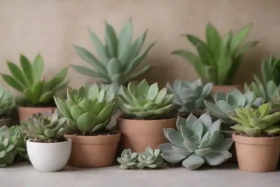 A serene wallpaper design of succulents in muted colors and soft textures