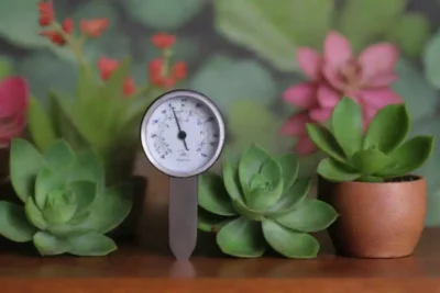 A vibrant succulent wallpaper includes a stylish humidity meter and care tips