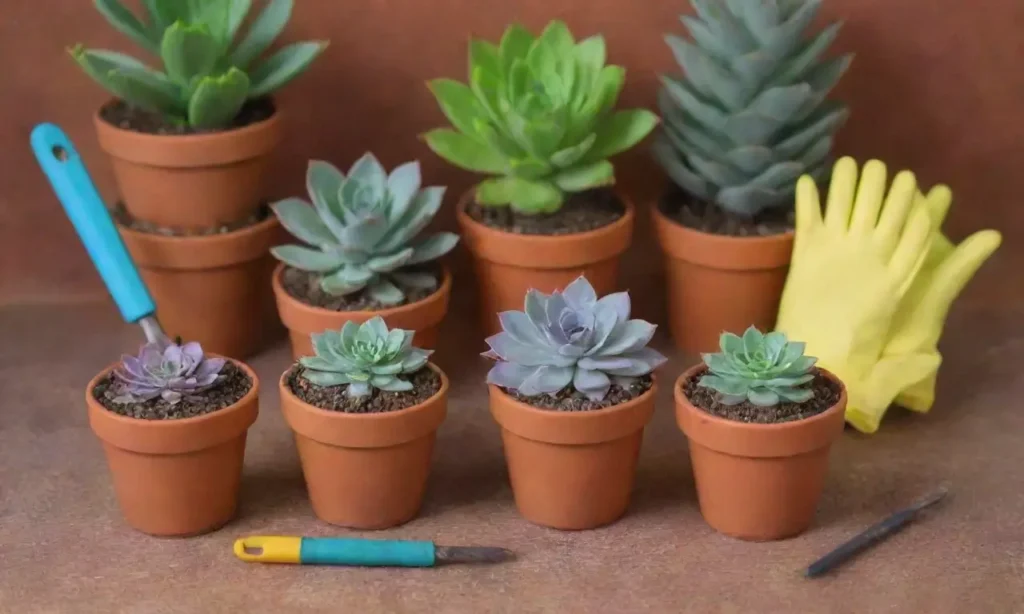 Colorful succulents and tools with beginner-friendly repotting tips create a cheerful atmosphere