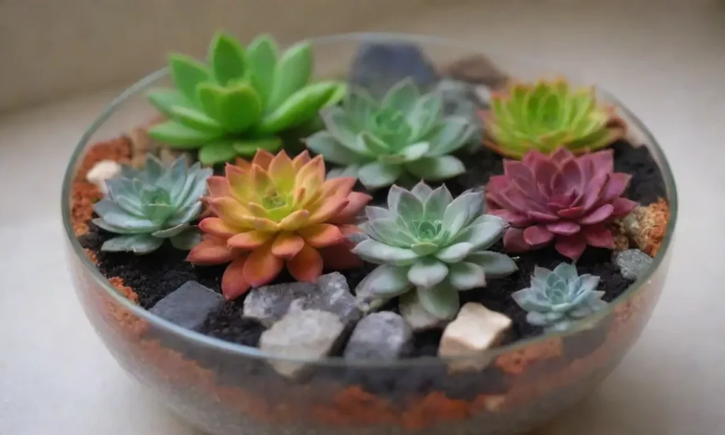 Vibrant succulents arranged in a glass container with layered soil and decorative stones