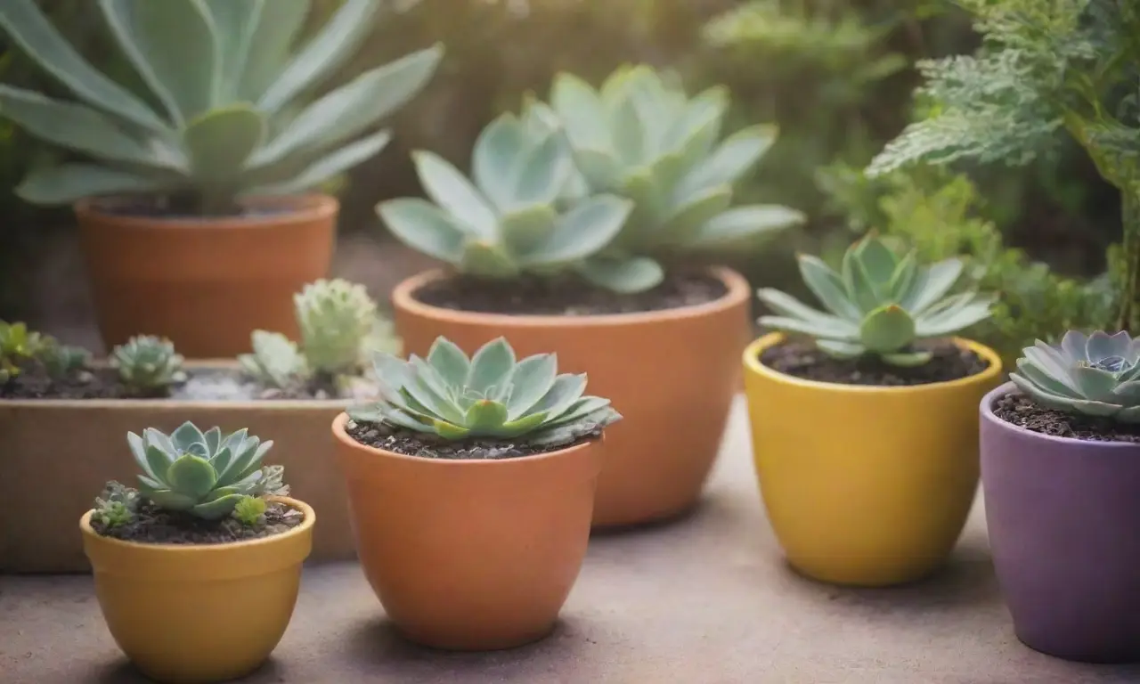 A vibrant garden scene with succulents, pots, and sunlight