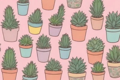 A vibrant succulent-themed wallpaper with labels on a pastel background