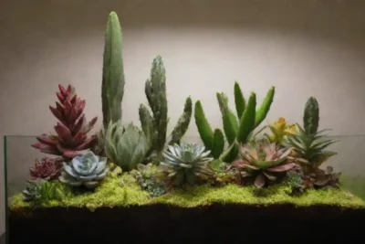 Modern nature-inspired decor with vibrant succulents and creative terrarium designs