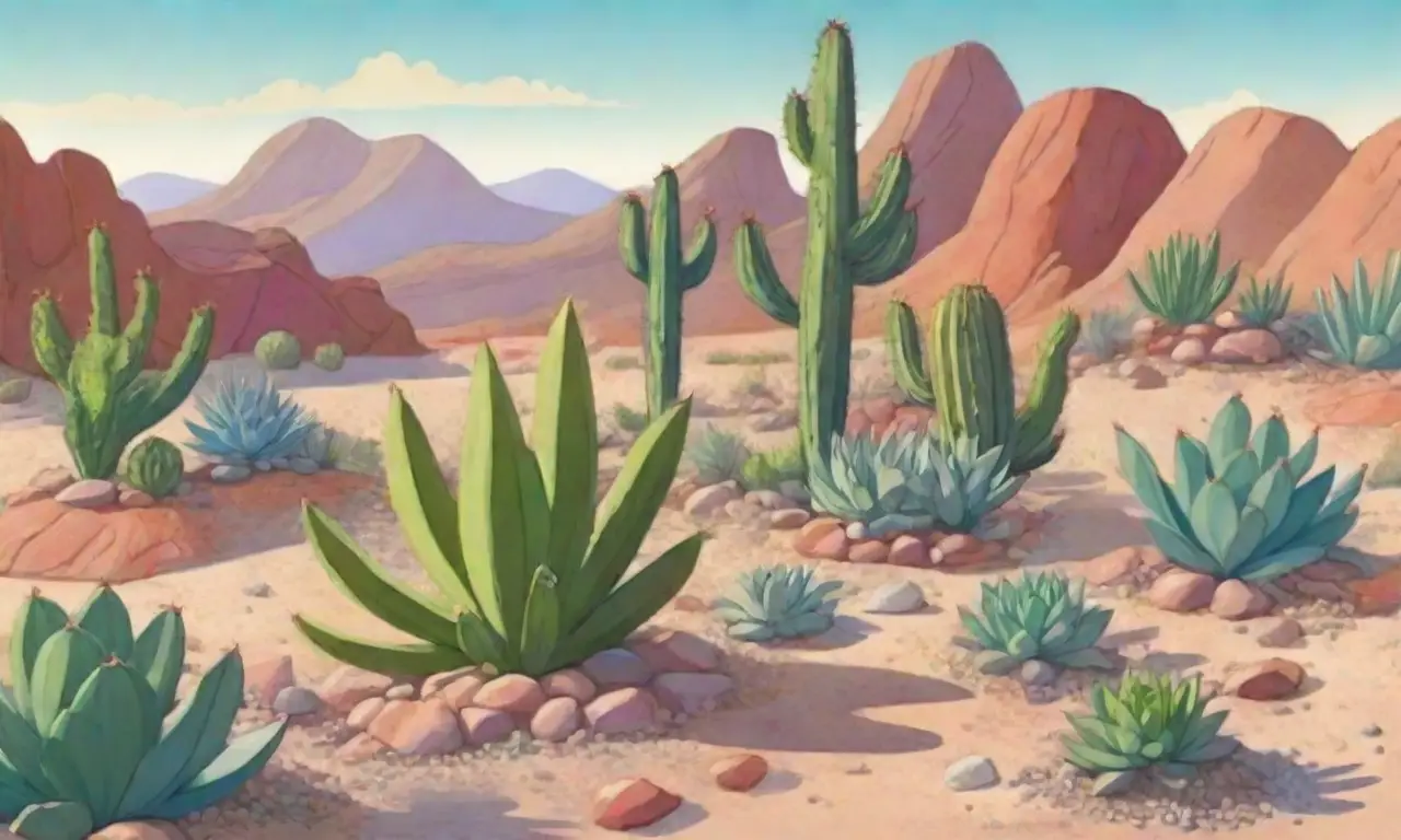 A vibrant desert landscape features diverse succulents under clear skies