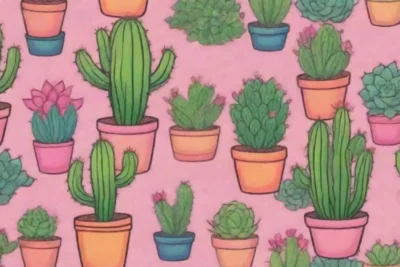 The wallpaper showcases vibrant succulents and cacti with whimsical designs