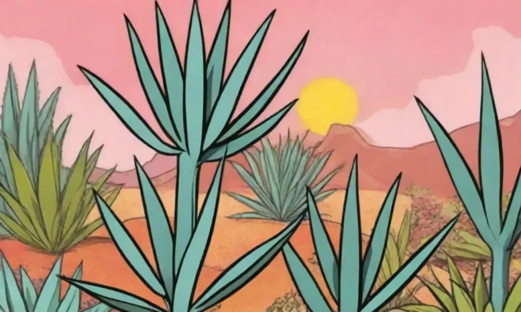 Vibrant agave plants with care tips and colorful botanical illustrations