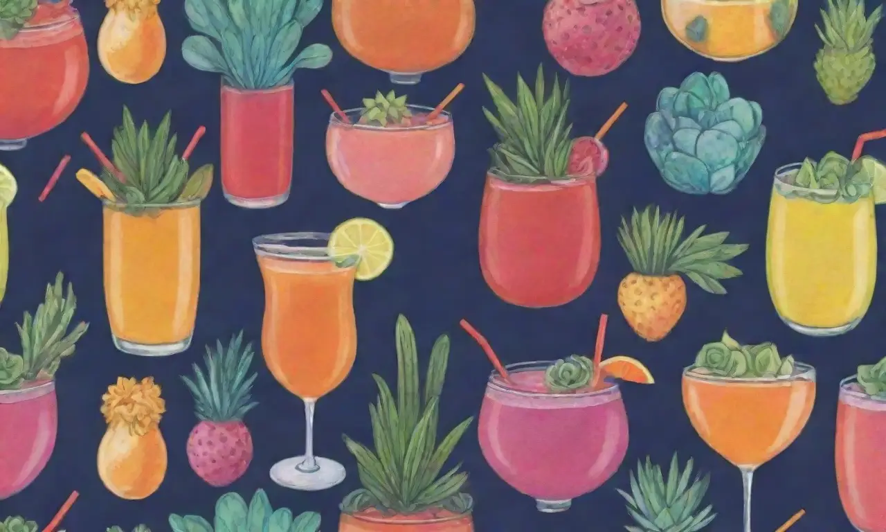 A vibrant wallpaper features colorful cocktails and edible succulents for refreshing summer sips