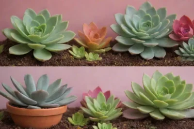 A vibrant four-panel wallpaper illustrates seasonal succulents with care tips