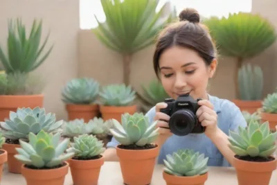 A photographer captures serene moments with vibrant succulents in soft natural light