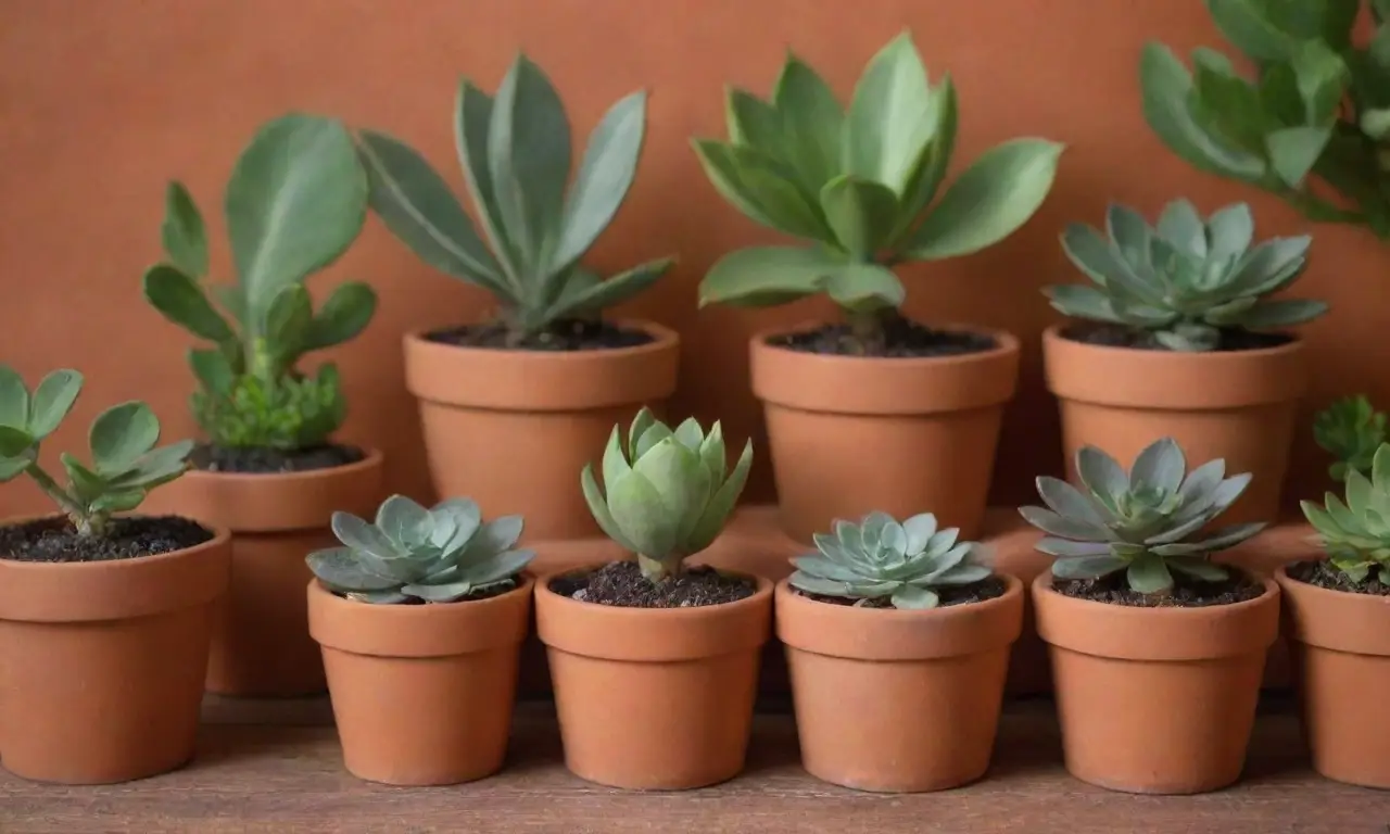 The wallpaper depicts terracotta pots, succulents, gardening tools, and a green backdrop