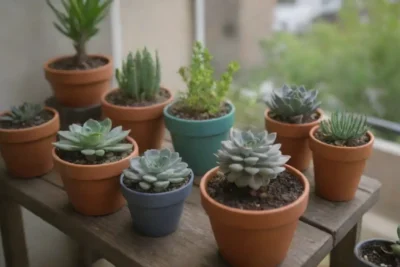 A cheerful urban balcony features vibrant succulents and compact gardening tools