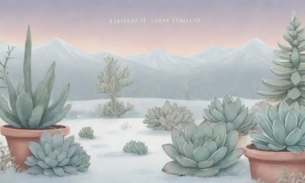 A serene winter landscape showcases frost-covered succulents with care tips