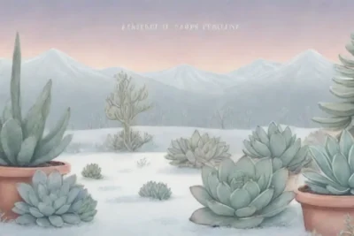 A serene winter landscape showcases frost-covered succulents with care tips