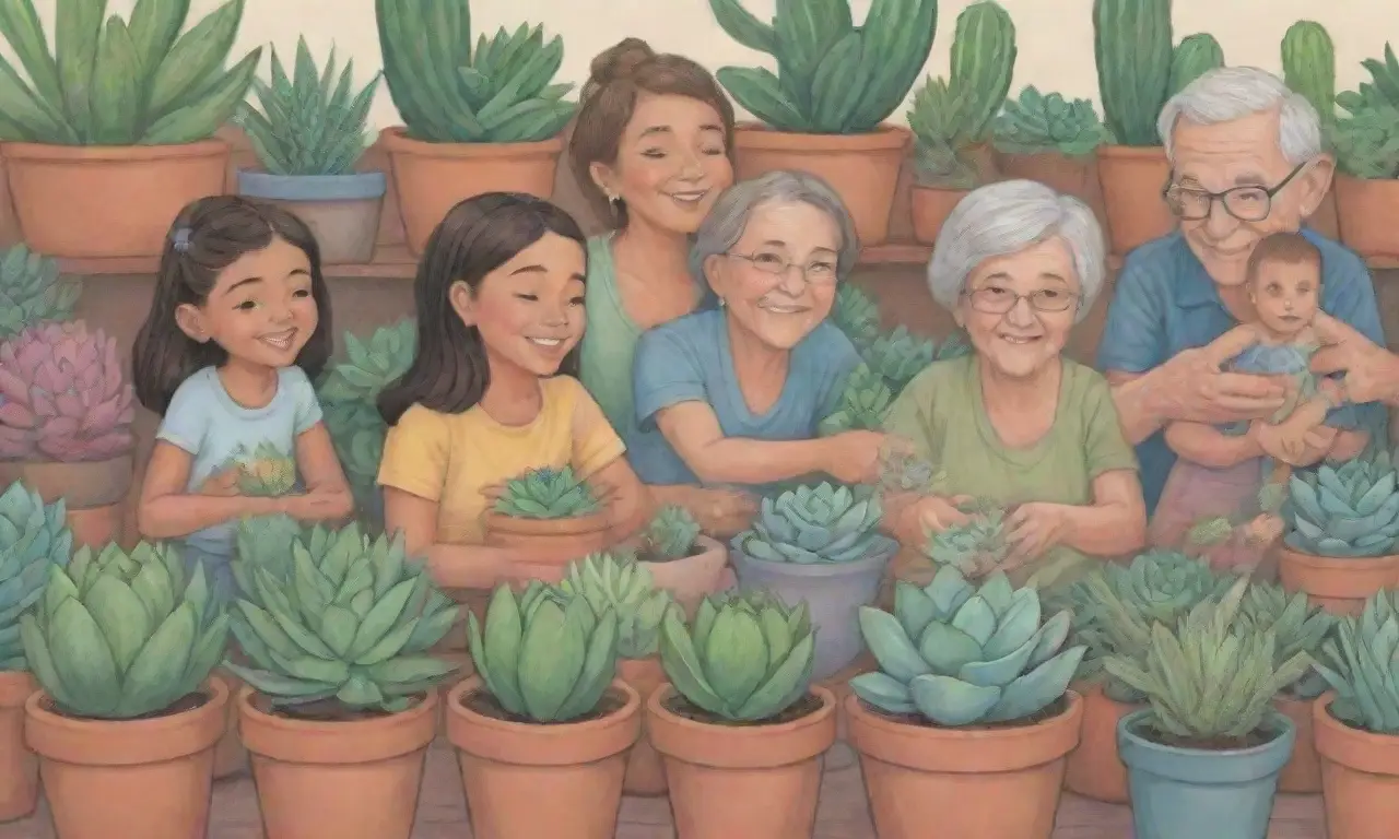 A vibrant wallpaper depicts diverse families joyfully nurturing succulents together